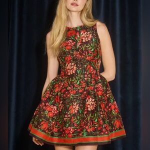 HUNTER BELL Red and Green Floral Sleeveless Fit-and-Flare Mini Dress